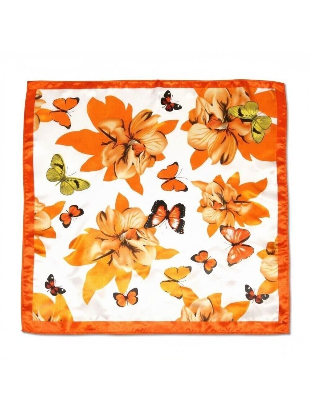 Orange Butterfly Floral Satin Scarf 20x20 Women's Hair Neck Head Scarf